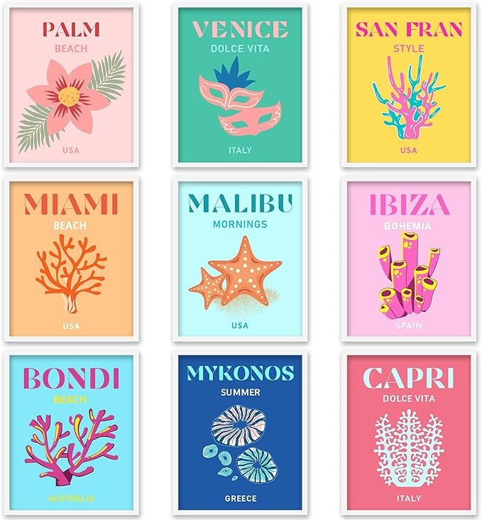 Whaline 9Pcs Preppy Travel Wall Art Prints Colorful Abstract Aesthetic Room Decor Minimalist Post... | Amazon (US)