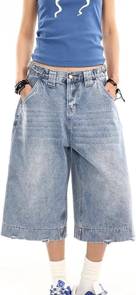 Denim Long Shorts High Waist Wide Leg Washed Loose Fit Raw Hem Casual Streetwear Retro Style Jean... | Amazon (US)