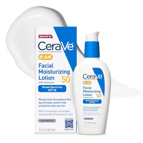 CeraVe AM Facial Moisturizing Lotion SPF 50, Face Moisturizer with SPF, Hyaluronic Acid, Niacinamide & Ceramides, Non-Greasy, Blends Seamlessly With No White Cast, Non Comedogenic Sunscreen, 3 Oz | Amazon (US)
