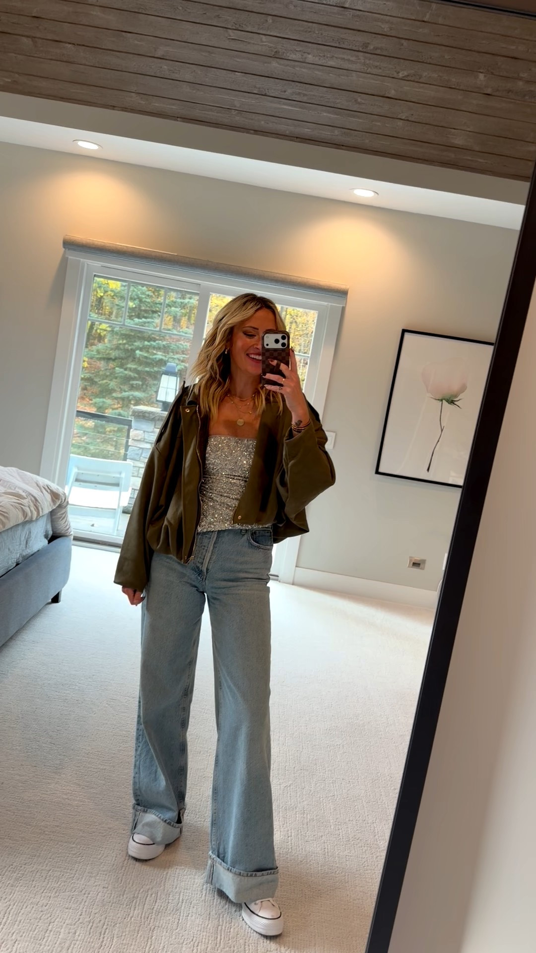Outfit ideas for going to a concert girls night out style, Amazon look for less, Zara, silver sequin top and wide leg denim for fall in winter