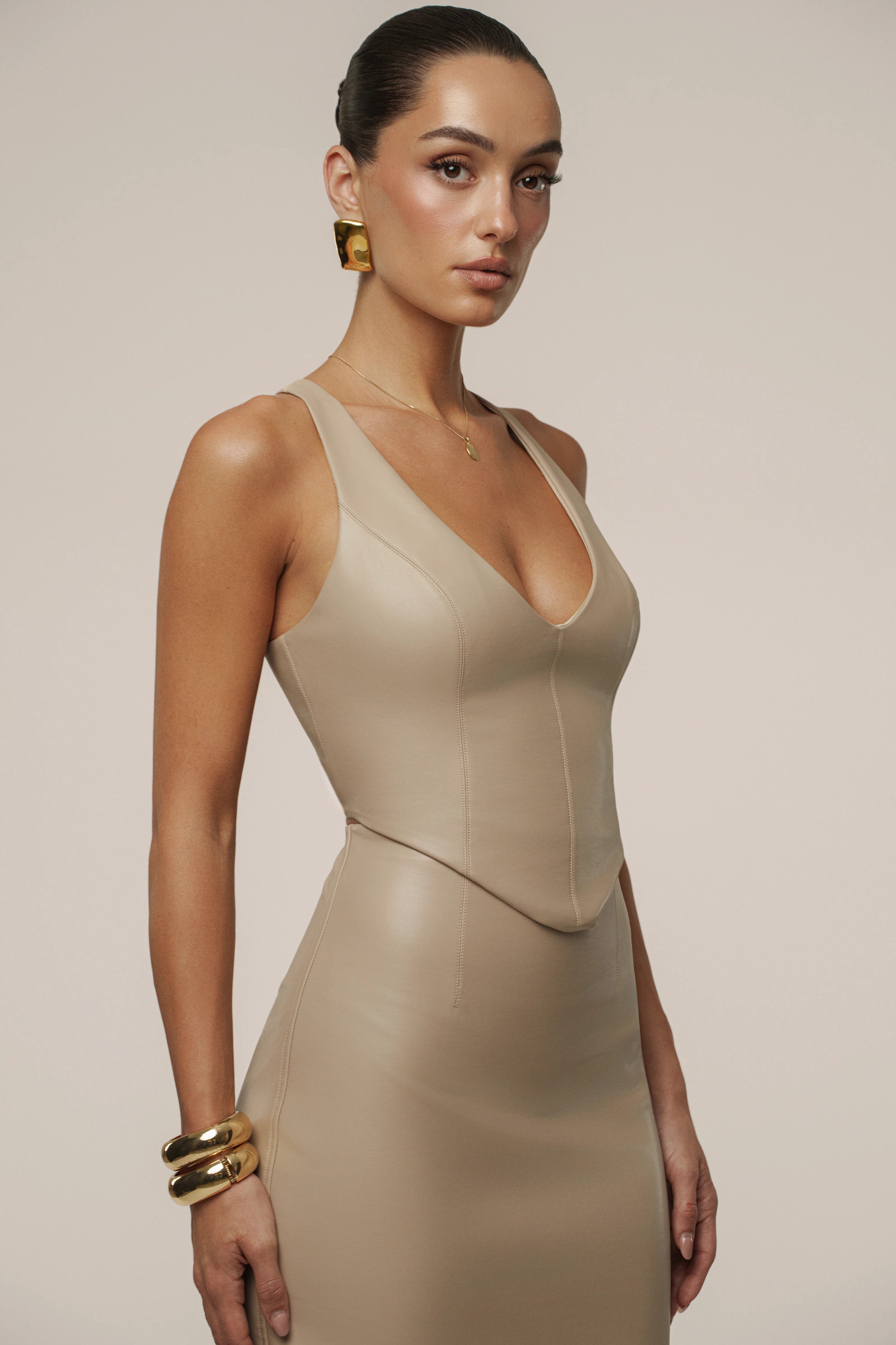 Tan Tate PU Leather Top | JLUXLABEL US