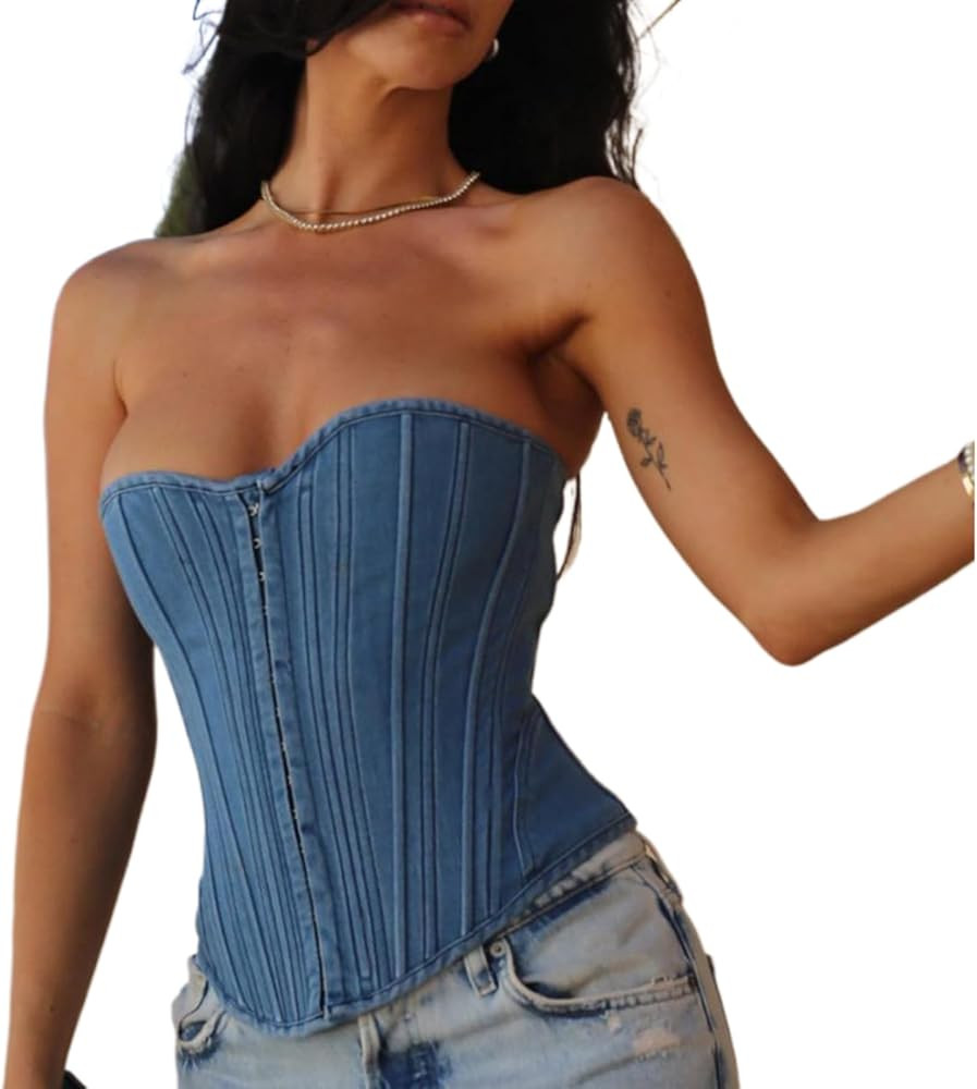 Denim Corset Top for Women, Denim Tube Top Sexy Sleeveless Slim Front Hook Waist Cincher Bustier ... | Amazon (US)
