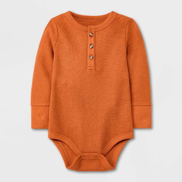 Baby Boys' Ribbed Henley Thermal Long Sleeve Bodysuit - Cat & Jack™ Rust | Target