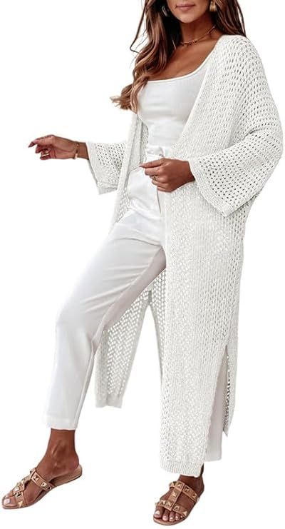 SHEWIN Women's Casual Long Sleeve Open Front Lightweight Knit Crochet Long Kimono Cardigan Sweate... | Amazon (US)