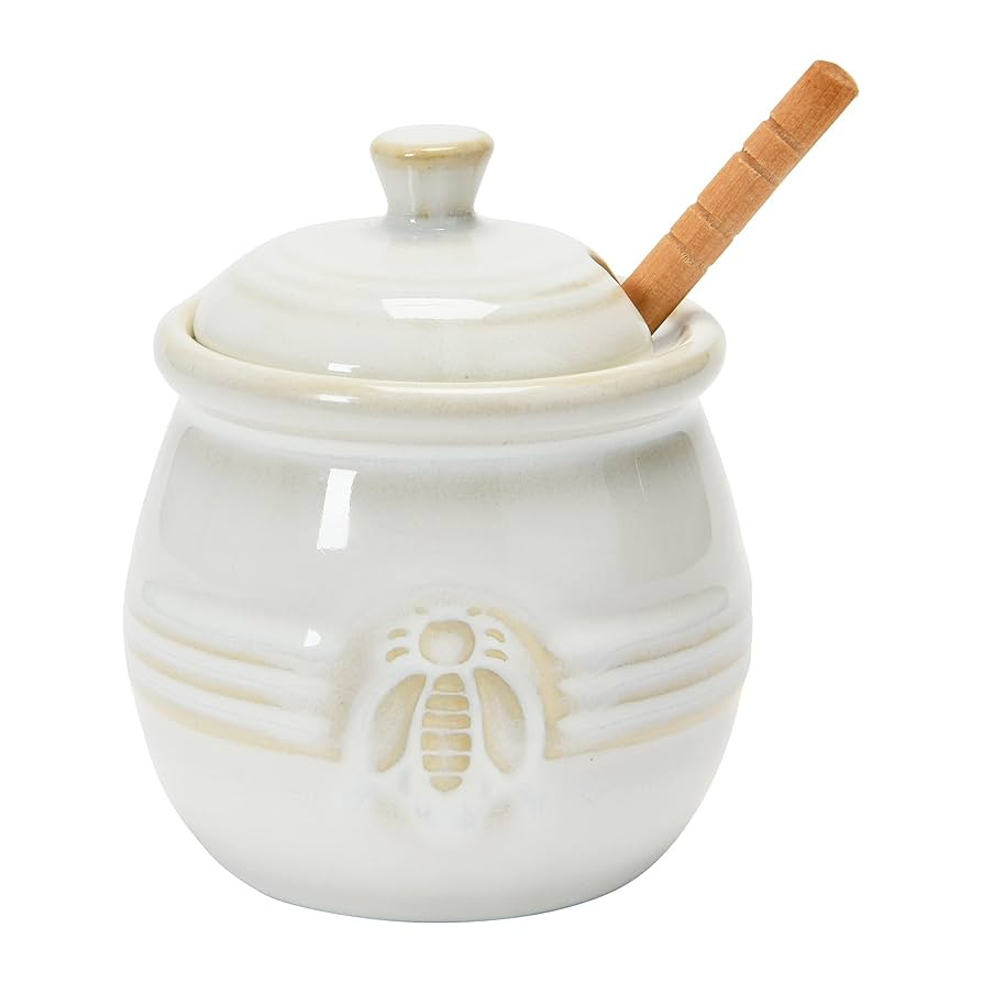 Creative Co-Op Farmhouse Embossed Stoneware Honey Pot with Wood Honey Dipper, White | Amazon (US)