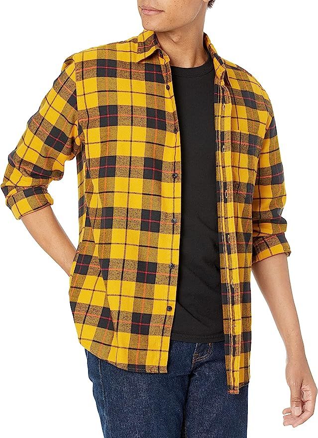 Amazon.com: Amazon Essentials Men's Regular-Fit Long-Sleeve Flannel Shirt, Yellow, Plaid, X-Large... | Amazon (US)