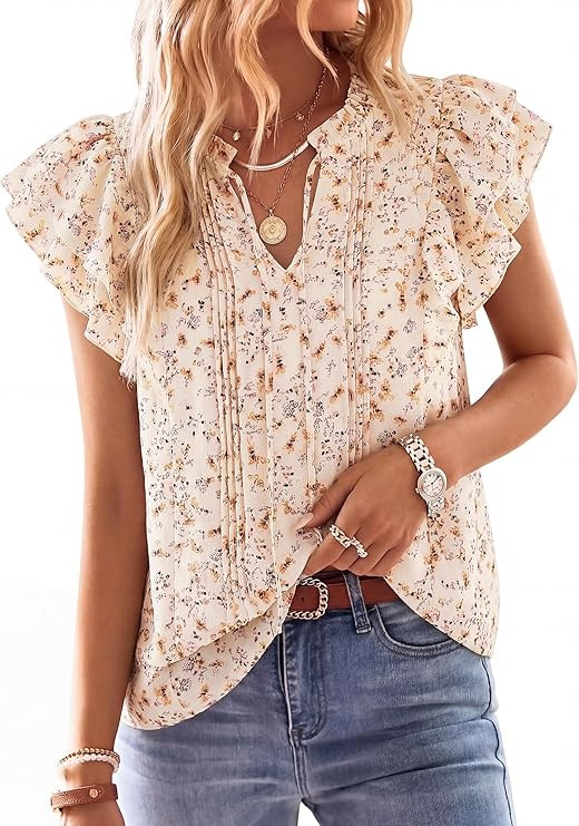 PRETTYGARDEN Women's Boho Flutter Sleeve Blouses Floral Print V Neck Summer Tops Casual Dressy Wo... | Amazon (US)