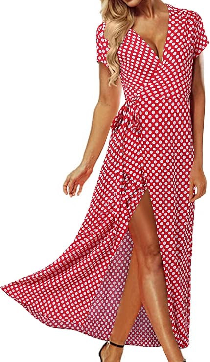STYLE DOME Women Summer Polka Dot Maxi Dress Casual V-Neck Boho Wrap Dress Floral Split Beach Par... | Amazon (US)
