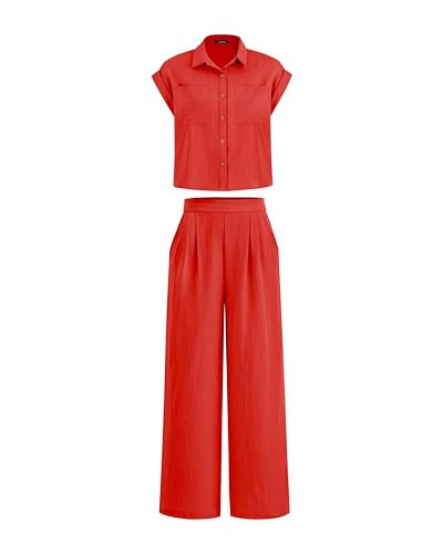 PRETTYGARDEN Womens 2 Piece sets Summer Cap Sleeve Tops Palazzo Pants Dressy Casual Vacation Travel Outfits Tracksuits(Red,XX-Large) | Amazon (US)