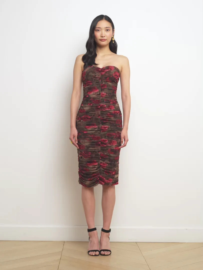 L'AGENCE - Caprice Ruched Midi Dress in Army/Pink Cheetah | L'Agence