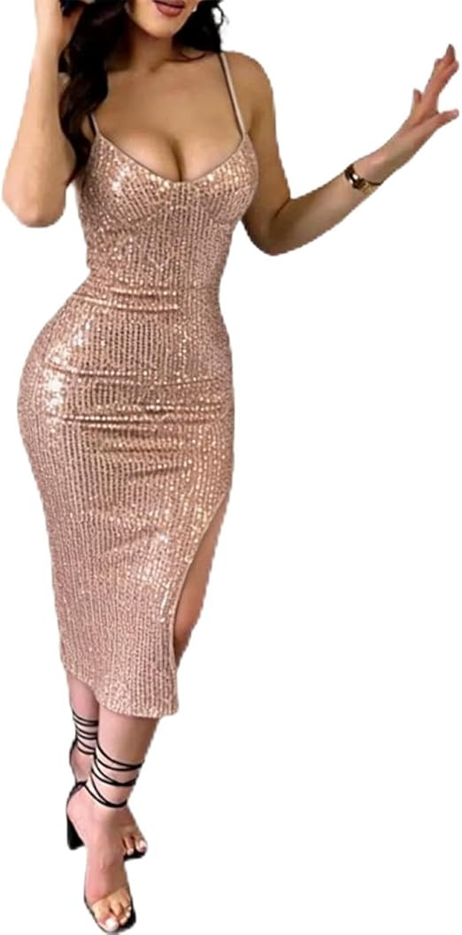 Women Sexy Sequin Spaghetti Strap V Neck Bodycon Dress Sparkly Formal Wedding Cocktail Dress | Amazon (US)