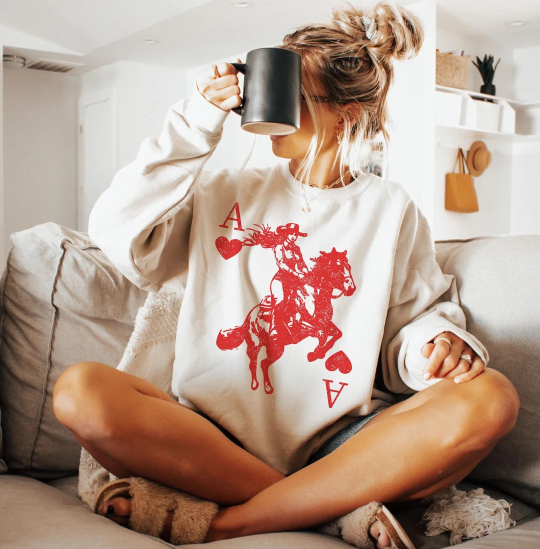 Cowgirl Sweatshirt, Heart Crewneck, Playing Card, Ace Shirt, Retro Western Tops, Hearts Shirt, Va... | Etsy (US)