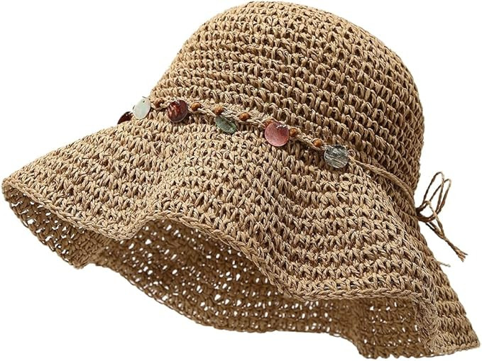 Women's Crochet Straw Hat Summer Foldable Beach Hat with Wide Brim Outdoor Sun Bucket Hat | Amazon (US)