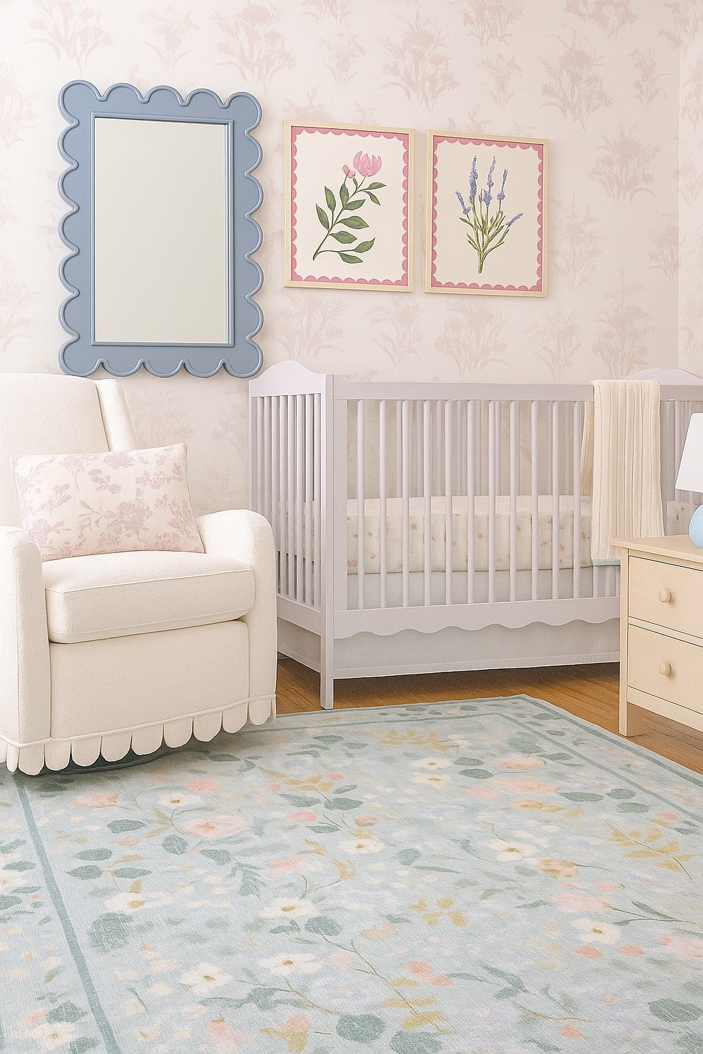 Little girl nursery, pink and blue nursery, white rocking chair, white nursery glider, pink wallpaper 

#LTKBaby #LTKHome #LTKBump