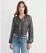 Metallic Shirred Tie Neck Blouse | LOFT