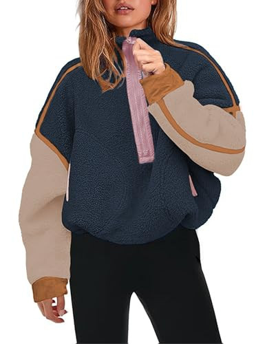 Ziqoty Women's Sherpa Fleece Pullover Half Zip Oversized Sweatshirt with Pockets Soft Warm Fuzzy Jacket for Fall Winter(Navy-S01) | Amazon (US)