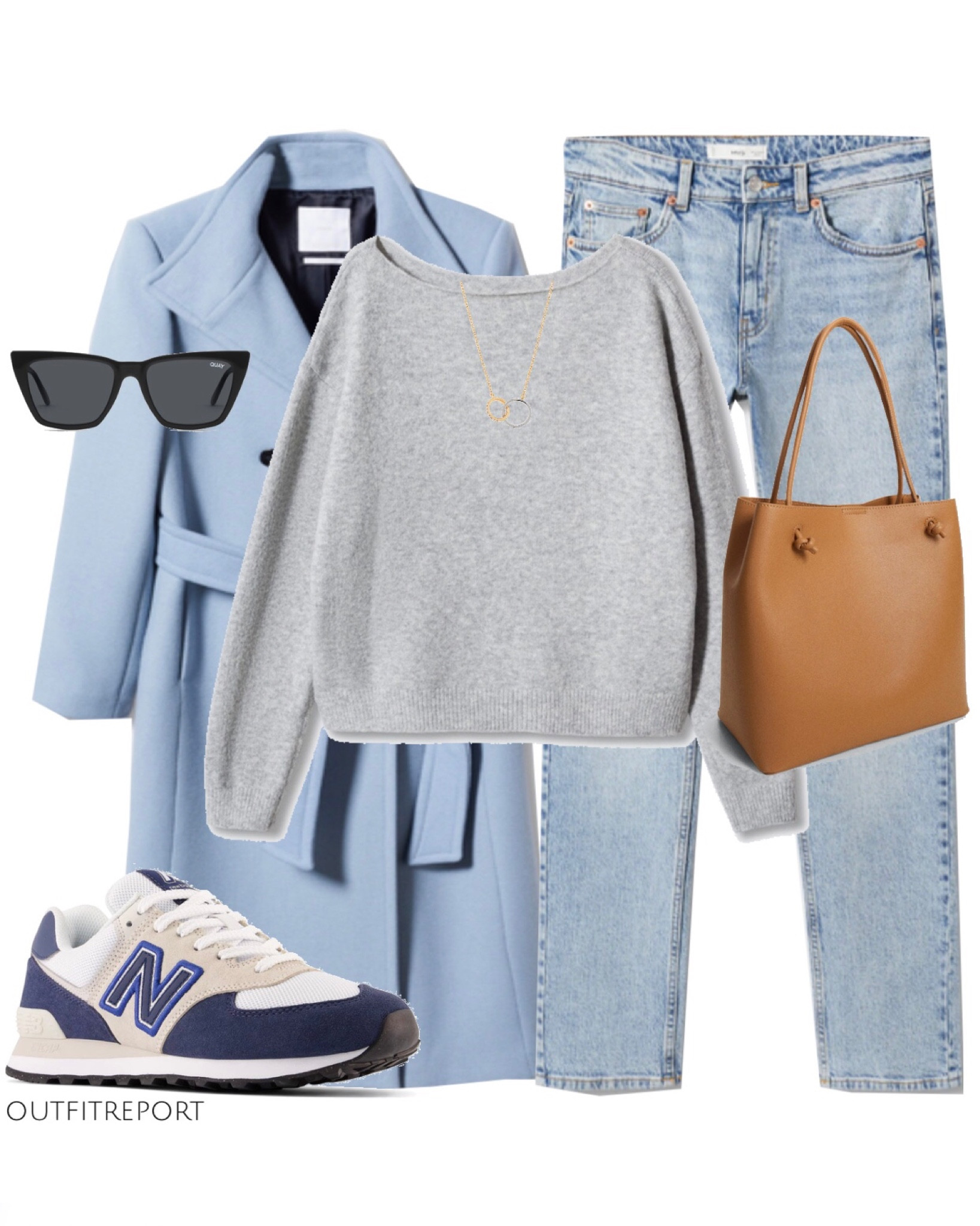 Winter autumn outfits style fashion in light baby blue jacket coat with belt, grey soft knit sweater, brown handbag, new balance sneakers shoes light blue denim jeans and black sunglasses 

#LTKunder100 #LTKstyletip #LTKshoecrush
