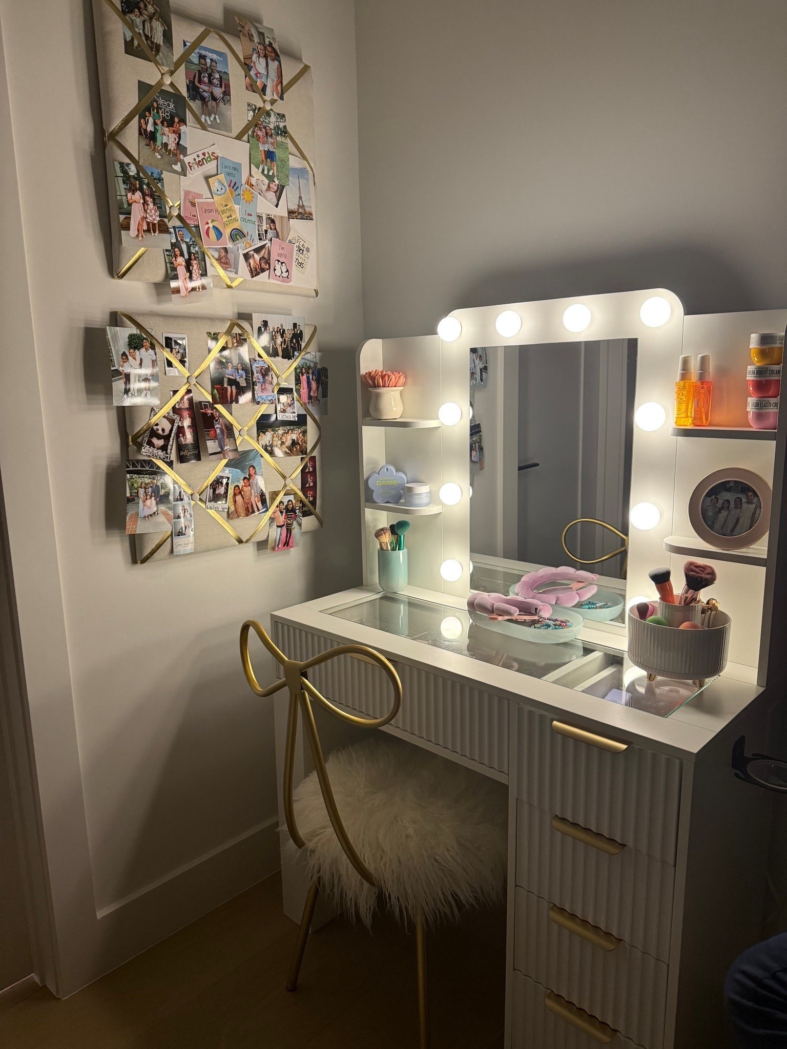 Laila's vanity table set up' she was so excited for this gift. One thing to note on the vanity- the original drawer pulls were kind of an orange-y gold that I didn't love in person so I had nazim spray paint them for me which was easy and took 5 mins. I'll link the spray we used. Linked the chair too which is adorable!

#LTKBeauty #LTKKids