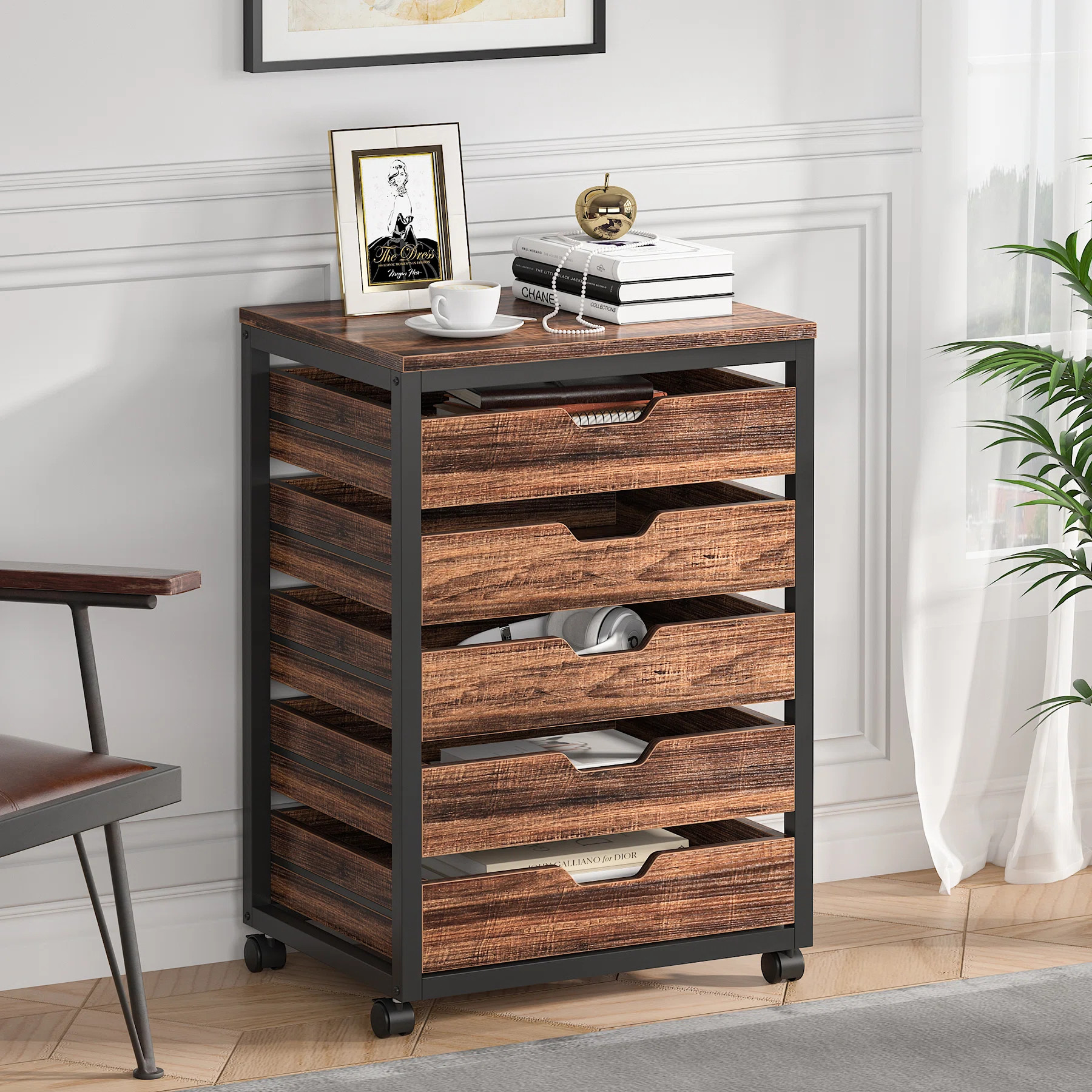 17 Stories 5 Drawer Chest, Wood Storage Dresser Cabinet With Wheels, Industrial Storage Drawer Or... | Wayfair North America