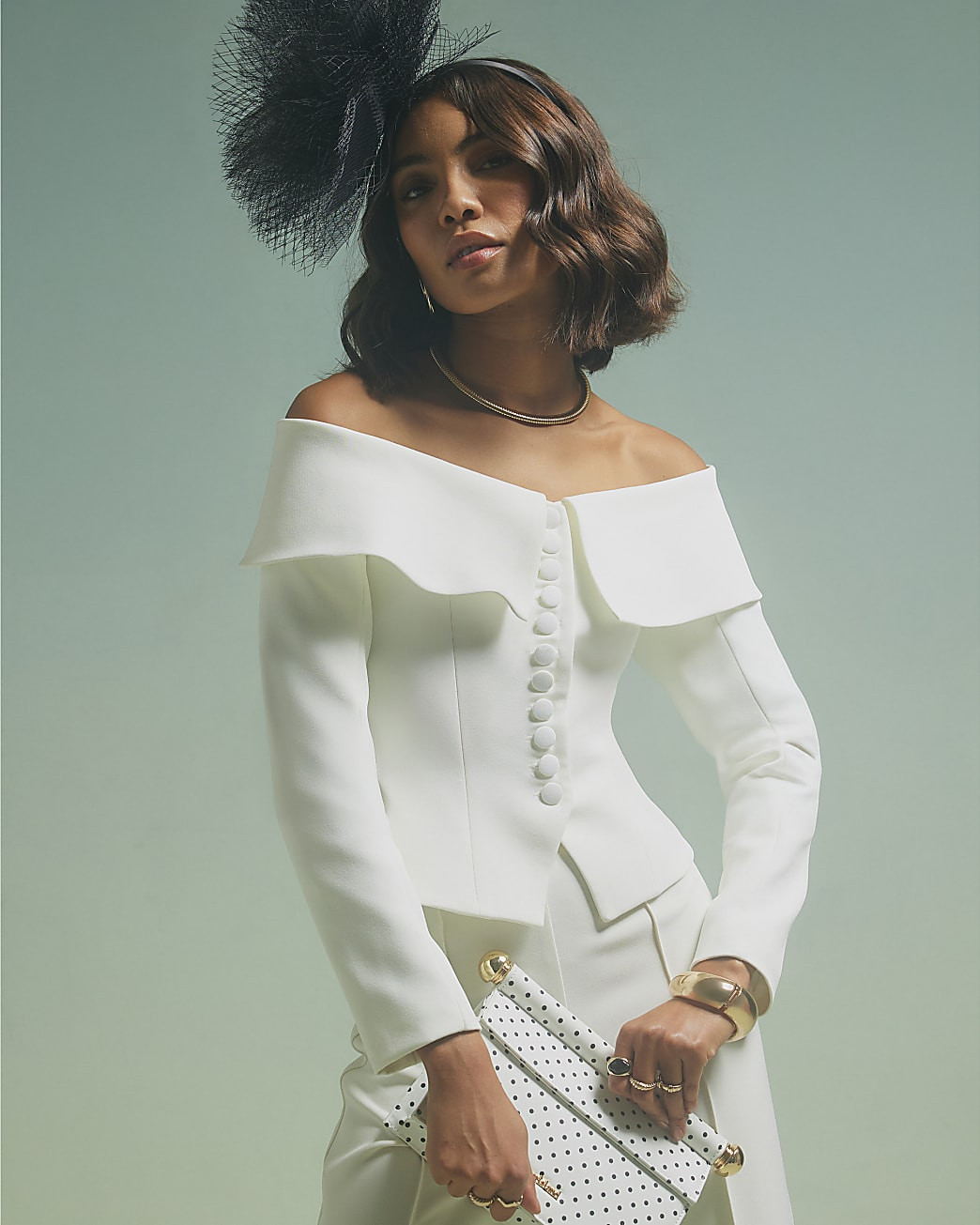 White Premium Structured Bardot Jacket | River Island UK & IE
