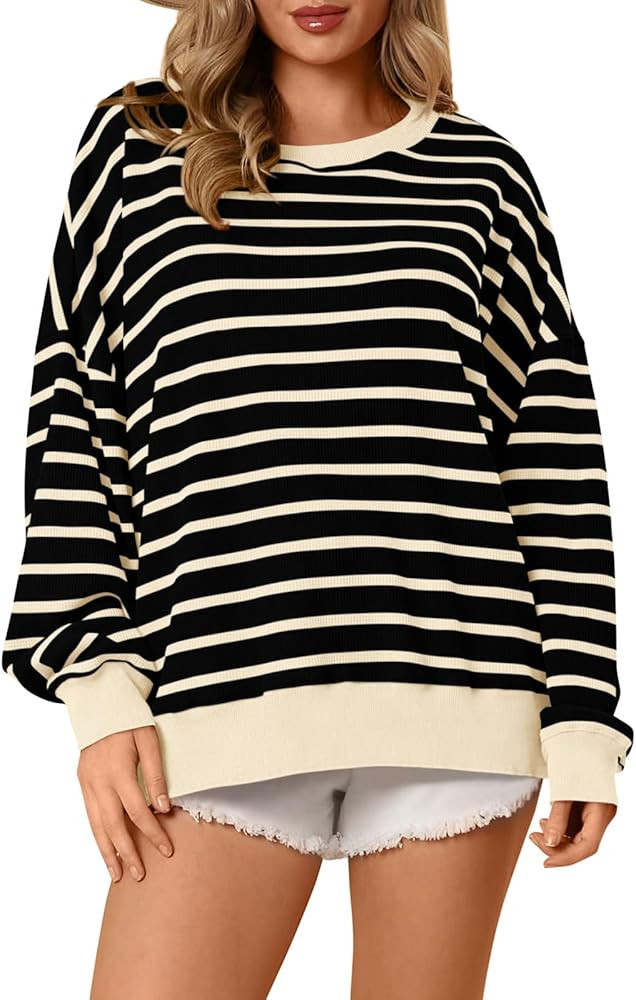 PRETTYGARDEN Oversized Sweatshirt For Women Crewneck Long Sleeve Striped Shirt Casual Fall Preppy... | Amazon (US)