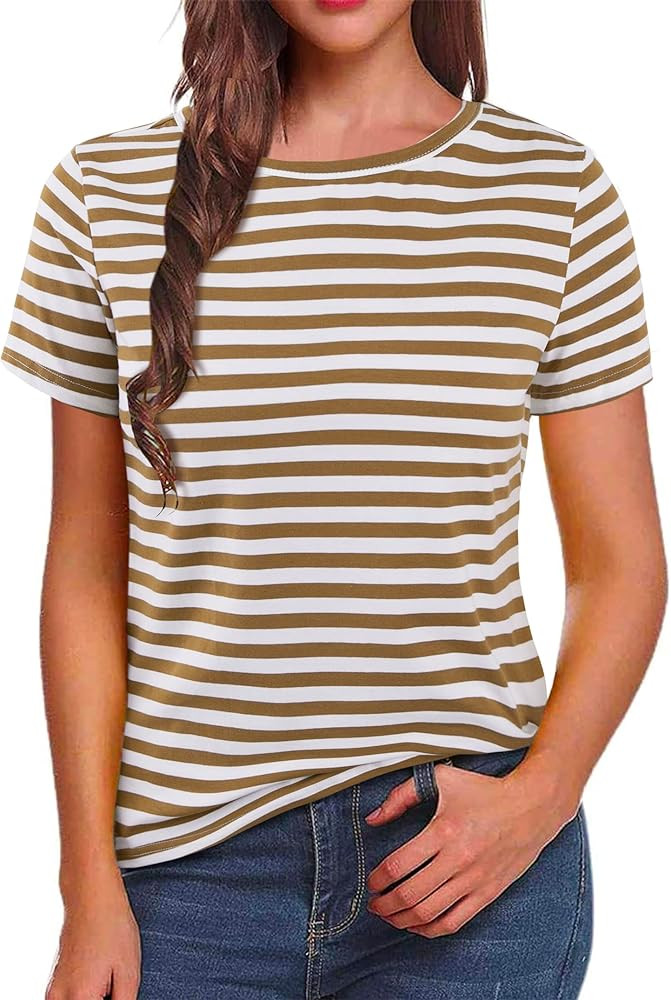 LilyCoco Women's Short Sleeve Striped Shirt Summer Crewneck T Shirt Basic Tops | Amazon (US)