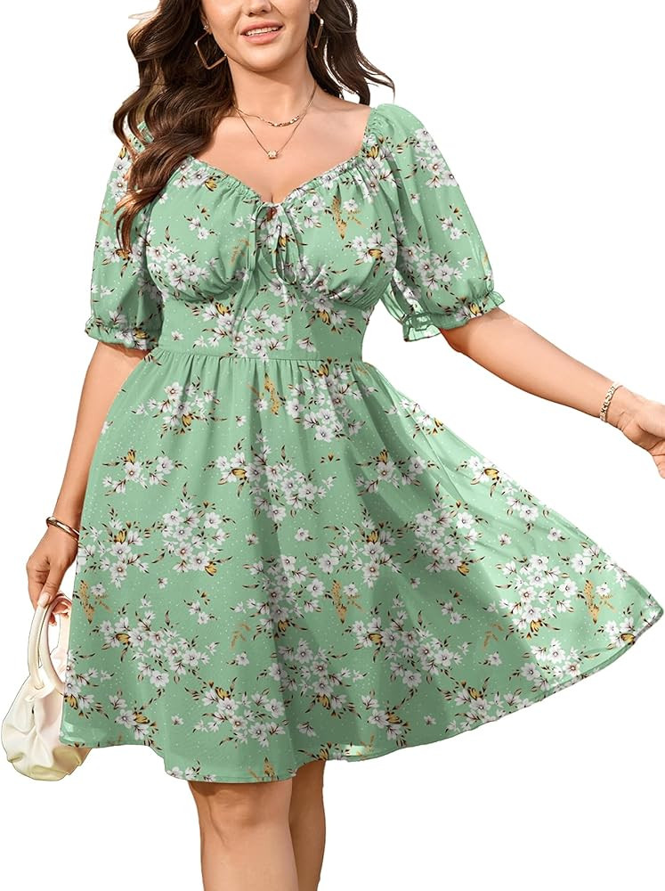 SCOMCHIC Women's Plus Size Summer Dress Chiffon Floral Sweetheart Neckline Short Sleeve Tie Front... | Amazon (US)