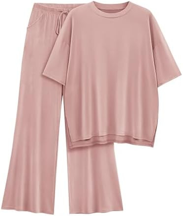 Womens Lounge Set 2026 Summer 2 Piece Outfits Oversized Short Sleeve Tops & Wide Leg Pant Matchin... | Amazon (US)