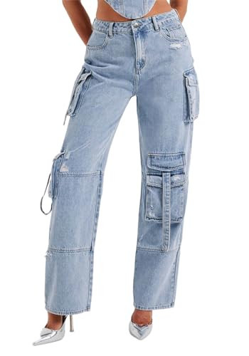 Cargo Jeans for Women Low Rise Baggy Jeans Y2K Multi-Pockets Straight Leg Casual Cargo Pants | Amazon (US)