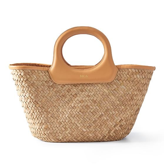 Leather Circle Handle Straw Beach Bag, Natural-Camel | Mark and Graham
