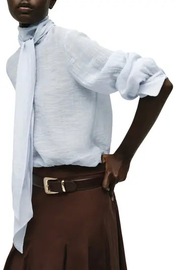 MANGO Tie Neck Textured Shirt in Sky Blue at Nordstrom Rack, Size 4 | Nordstrom Rack