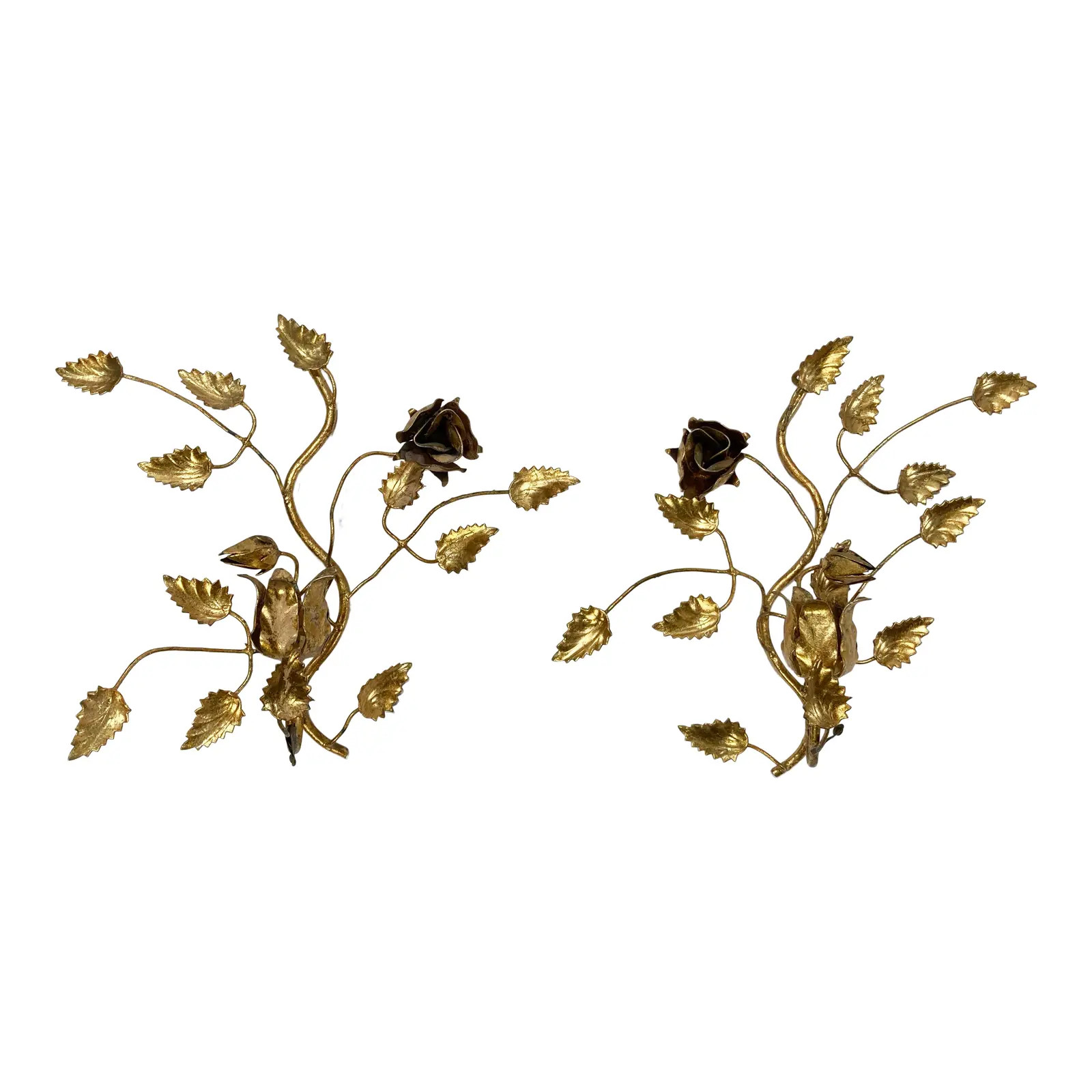 Vintage Italian Gilt Tole Rosette Candle Wall Sconces, a Pair | Chairish