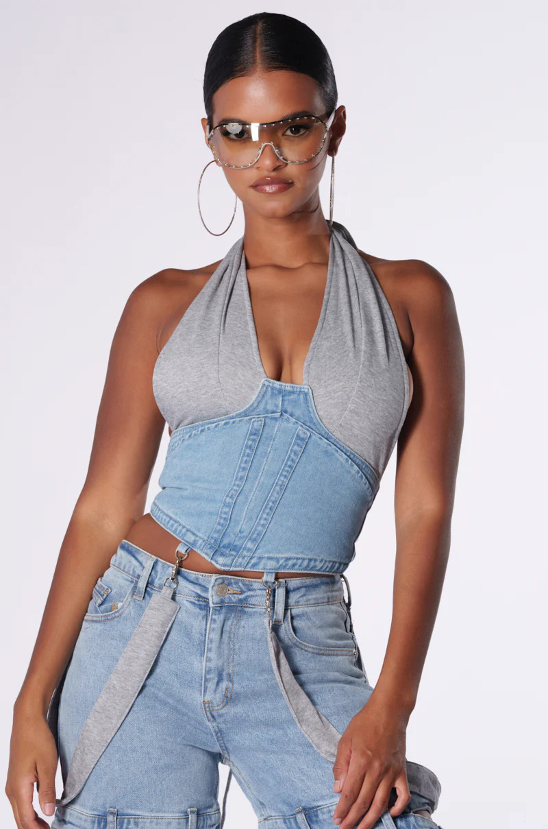 HOLLABACK GIRL HALTER NECK DENIM CORSET | AKIRA