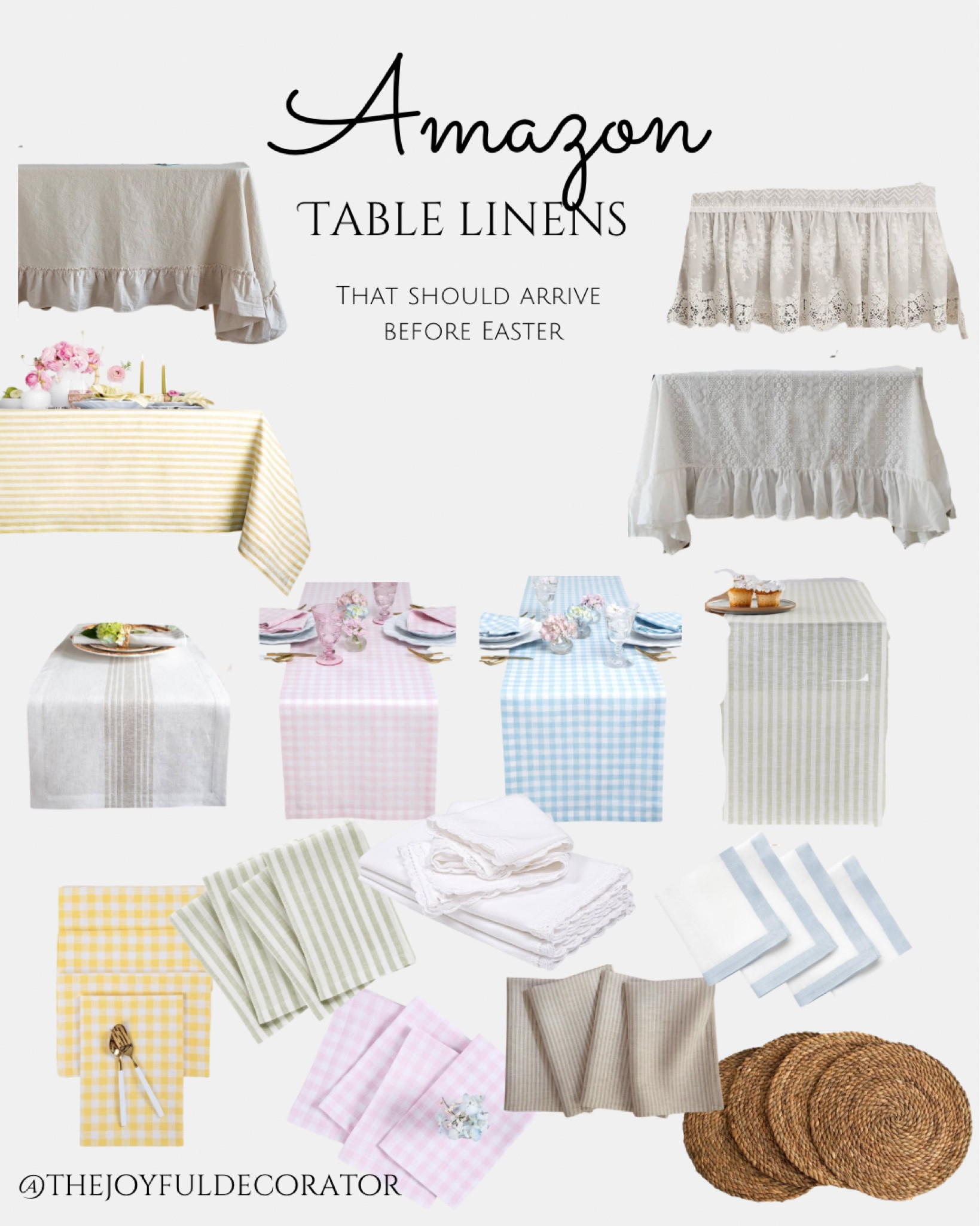 Table linens that should arrive before Easter if you order ASAP. 

Tablescape, Easter table, napkins, runners, tablecloth, lace tablecloth, ruffle tablecloth, French country ruffle tablecloth, gingham check, woven placemats, woven round chargers 

#LTKhome #LTKSeasonal #LTKfindsunder50