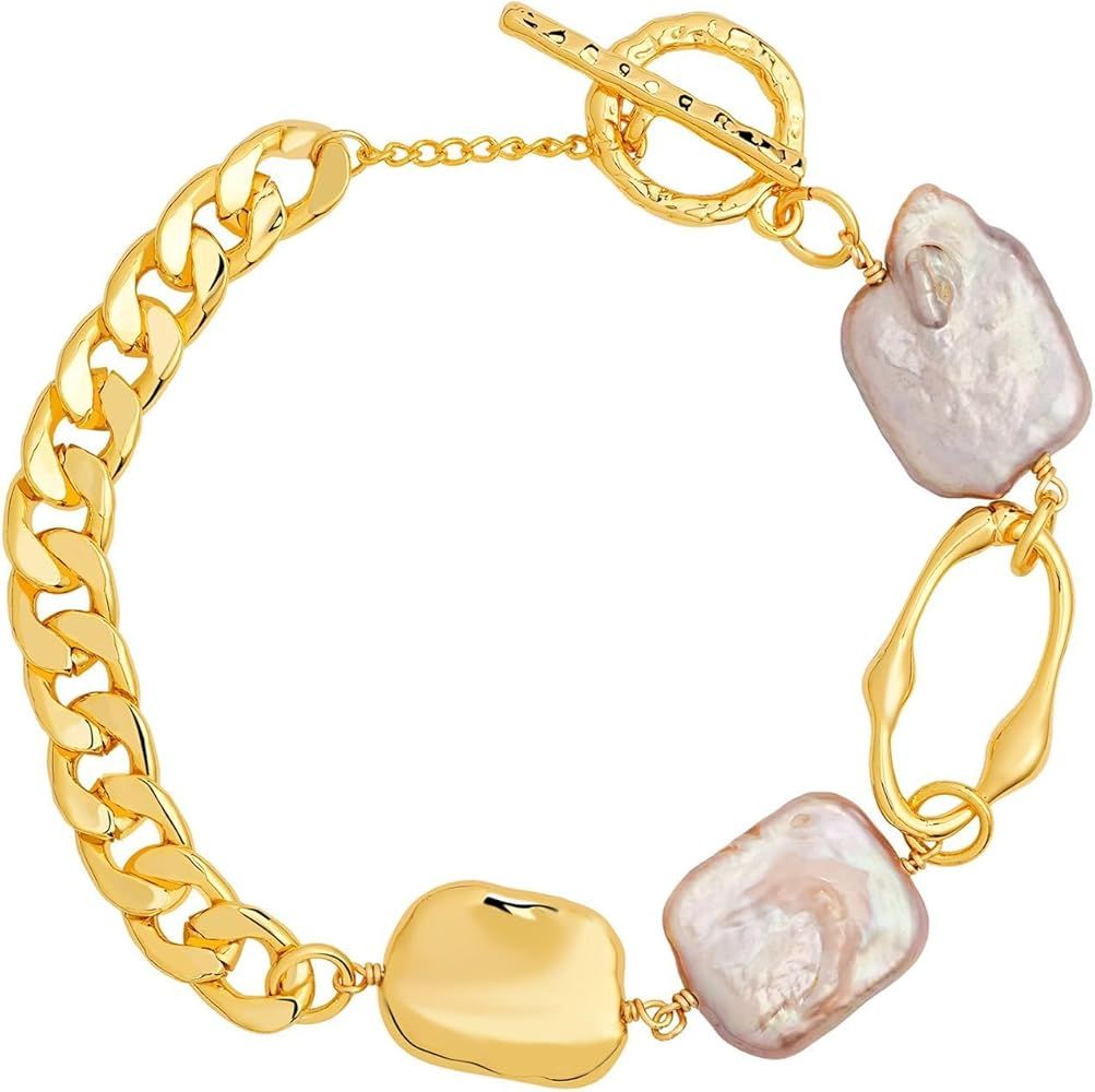 Sylph 18K Gold Link Chain Baroque Pearl Bracelet for Women – Classy,Tarnish-Free Gold Charm Wom... | Amazon (US)