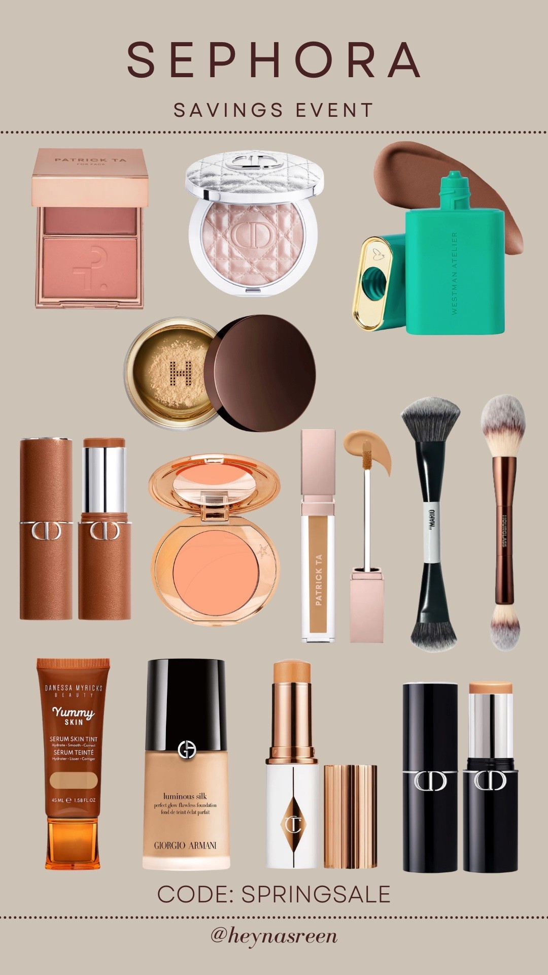 Shades: Patrick Ta blush (not too much), Dior highlighter (pink halo), Westman Atelier bronzing drops (Soleil Parfait 3), Hourglass powder (translucent), Dior bronzing stick (medium tan), Charlotte Tilbury color corrector (medium), Patrick Ta concealer (medium golden), Danessa Myricks skin tint (6), Armani foundation (6.25), Charlotte Tilbury color corrector (7.5 medium), Dior foundation stick (n3)