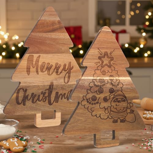 Umigy 2 Pcs Christmas Cutting Board Christmas Tree Charcuterie Boards Kitchen Wooden Santa Claus Acacia Cute Cutting Board with Handle for Housewarming Wedding Xmas Party Supplies | Amazon (US)