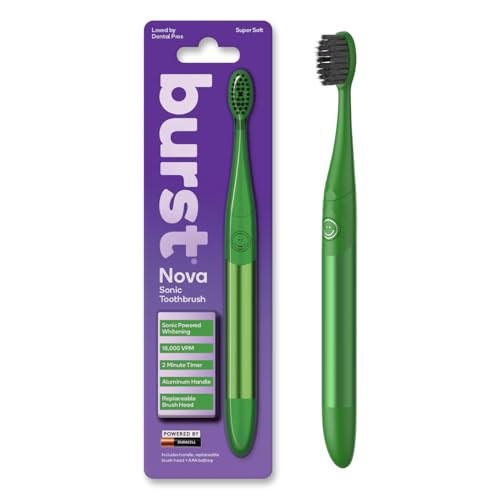 Burst Nova Toothbrush (Green) | Sonic Powered Teeth Whitening | Super-Soft Bristles | 18000 VPM | 2 Minute Timer | Aluminum Handle | Replaceable Brush Head | Compact Size | with AAA Battery | Amazon (US)