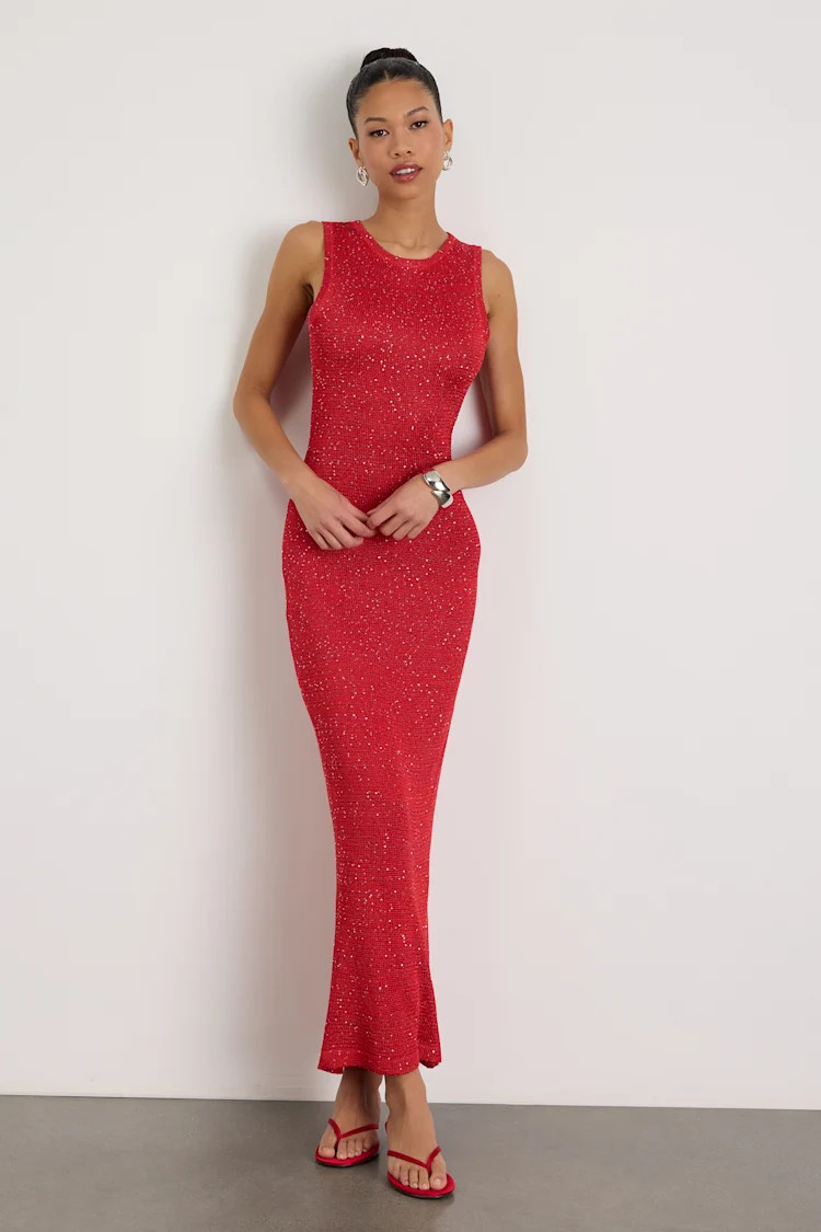 Jordi Red Sequin Crochet Knit Maxi Dress | Red Wedding Guest Dress Red | Lulus