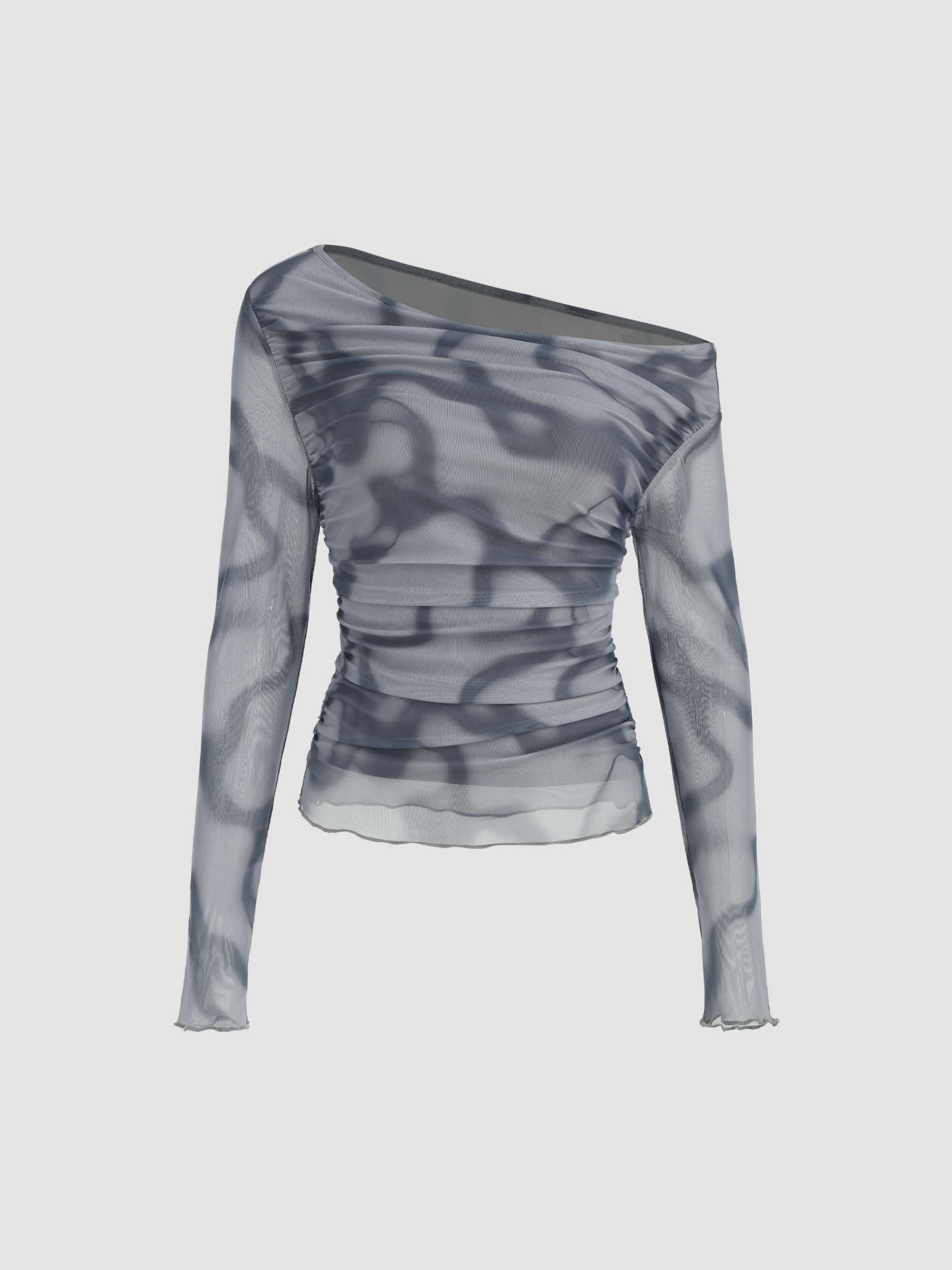 Mesh One Shoulder Ruffle Trim Long Sleeve Top | Cider