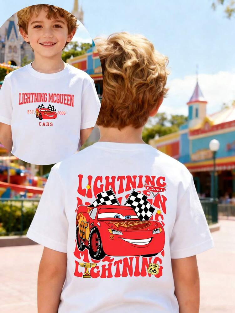 Disney Boys' T-Shirt, Cars Lightning McQueen Cartoon Alphabet Pattern Double-Sided Print, Summer Boys' Cotton Crew Neck Short Sleeve, Suitable For Everyday Wear, Holidays, Outdoor Activities, And As A Gift For Children. | SHEIN