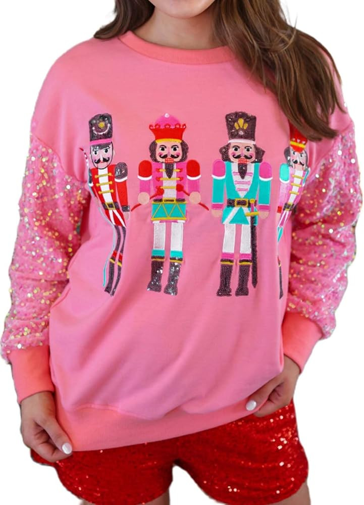 Women Cute Glitter Holiday Letter Sweaters Sparkle Sequin Long Sleeve Tops Casual Round Neck Pull... | Amazon (US)