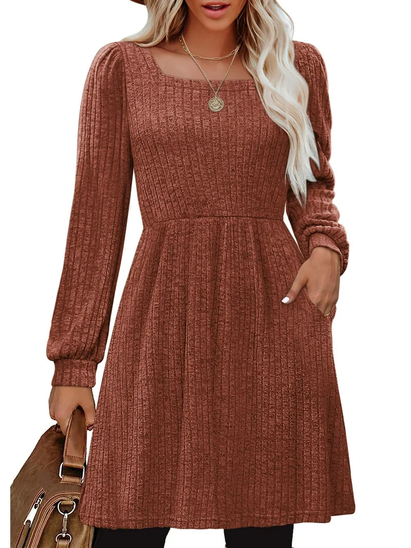SHINE UP Dresses for Women Fall Square Neck Long Sleeve Knee Length Dress with Pockets | Walmart (US)