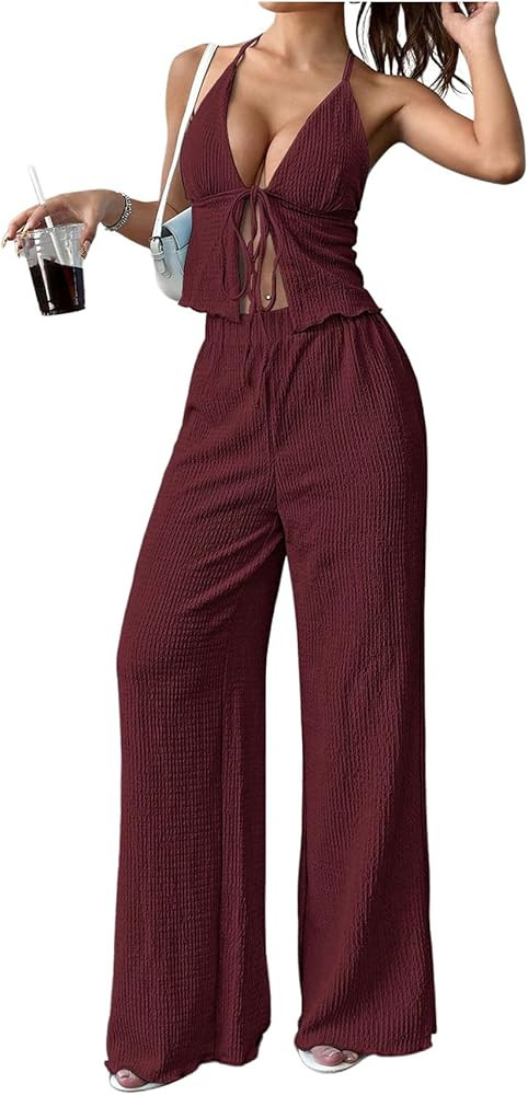 SOLY HUX Women's Sexy 2 Piece Outfits Sleeveless Halter Top and Wide Leg Pants Set | Amazon (US)