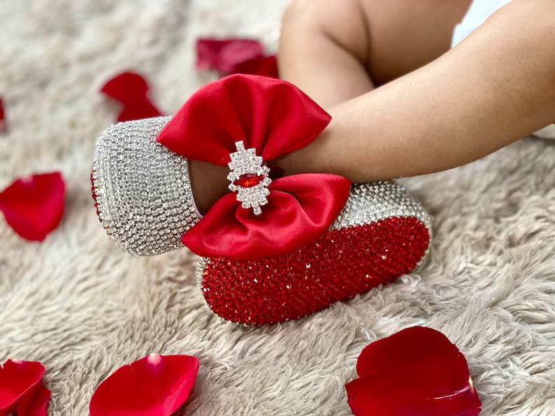 Rhinestone red bottom baby shoes, rhinestone baby girl red bottom shoes, festive babygirl bling s... | Etsy (US)