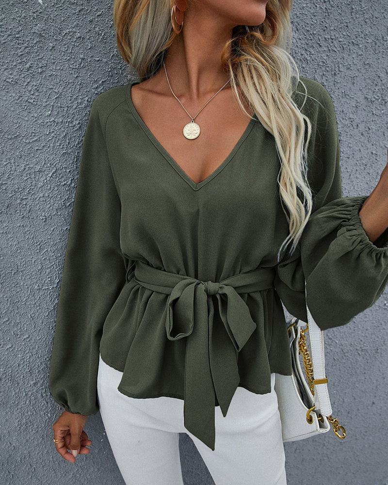 V Neck Leisure Long Lantern Sleeve Belt Solid Shirt Tops | Zeagoo