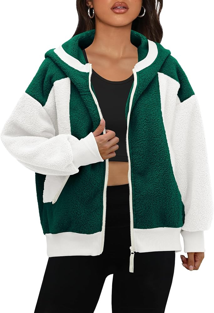 Panadila Womens Fuzzy Fleece Jacket Zip Up Oversized Hoodie Sherpa Warm Coats Color Block Top Out... | Amazon (US)