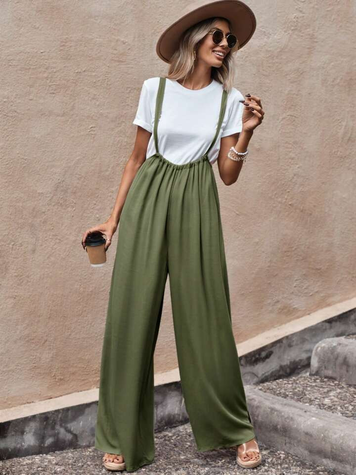 SHEIN LUNE Solid Wide Leg Suspender Jumpsuit Without Tee | SHEIN