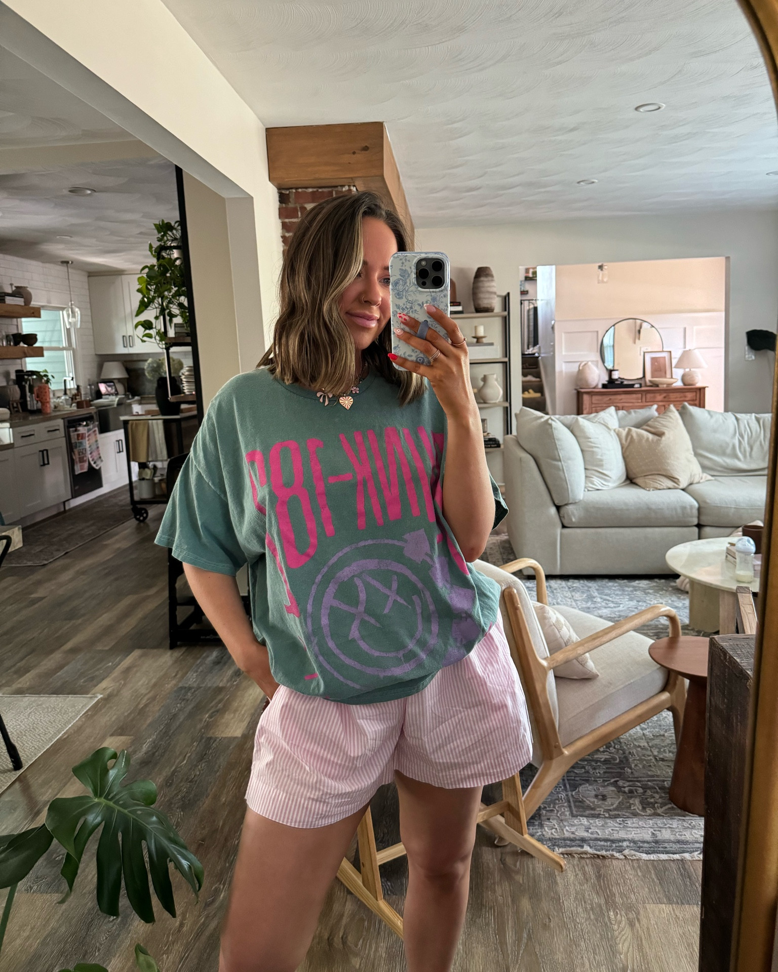Blink 182 tee and boxer shorts (on sale for under $14!!) 🩷🩷 comfy and cute for summer 

American eagle, urban outfitters, everyday outfits, mom outfits, mama outfit, postpartum, summer trends, summer brights 

#LTKFindsUnder50 #LTKSaleAlert #LTKSeasonal
