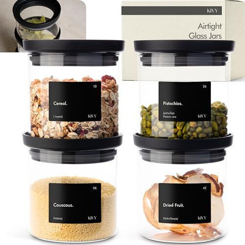 KIVY Airtight Glass Jars with Lids & Labels [4x 17oz] Stackable Glass storage jars with airtight lids - Black Glass Jars with airtight lid - Food Glass canisters with transparent lids | Amazon (US)